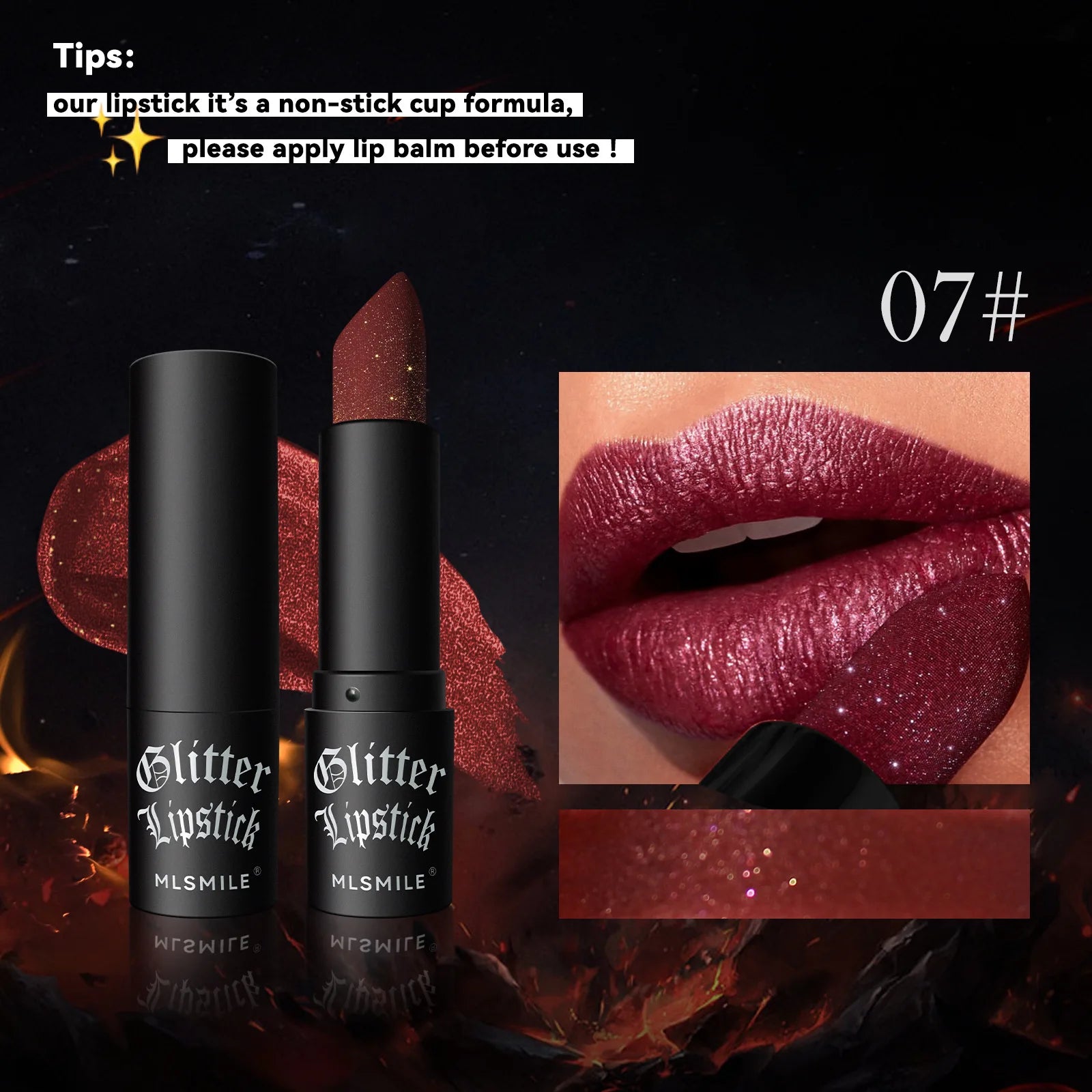 LAQTA glitter waterproof lipstick in vibrant shade, showcasing its sparkling, smooth application on lips.