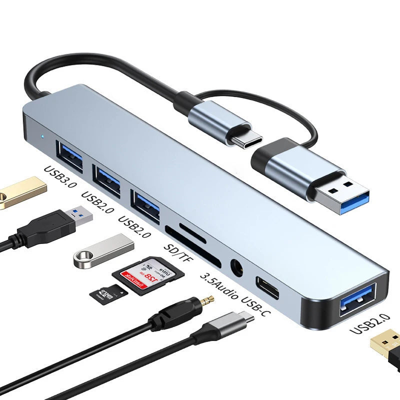 LAQTA 8-in-2 USB and Type C docking station with multiple ports, compact design, and sleek black finish.