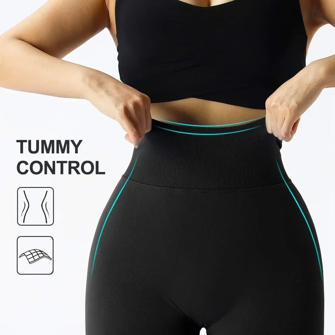 Light gray seamless knitted gym leggings from LAQTA, shown on a model, highlighting their fitted, stretchy design for active wear.