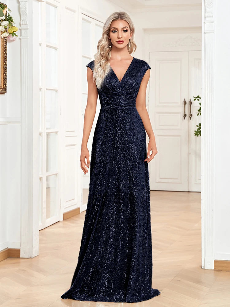 Elegant V-neck mermaid evening dress by LAQTA, featuring a fitted silhouette and flowing fabric, displayed on a mannequin.