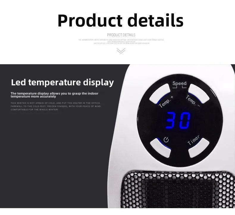 LAQTA Eco Plug-in Electric Heater showing a compact black device with power cord and control buttons for efficient heating.