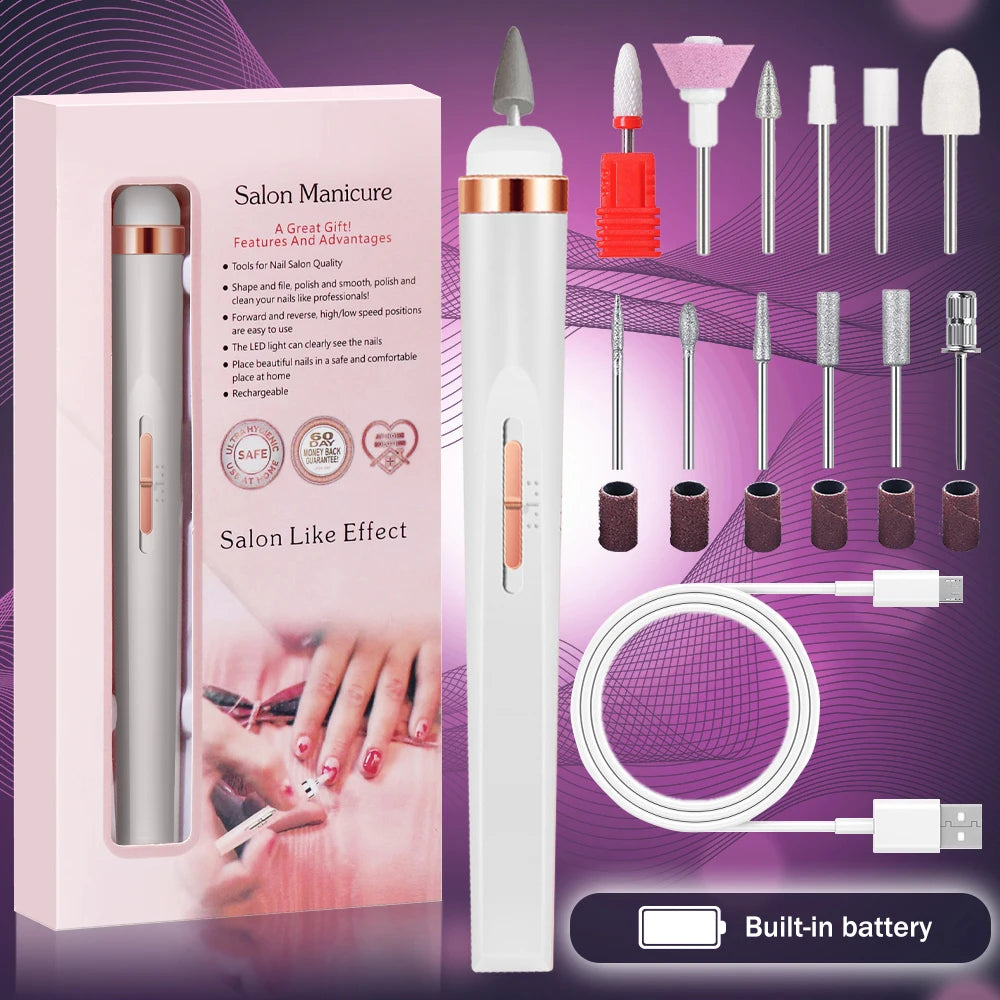 LAQTA 5-in-1 electric nail polish device with colorful polish bottles and applicator brushes spread out on a white surface.