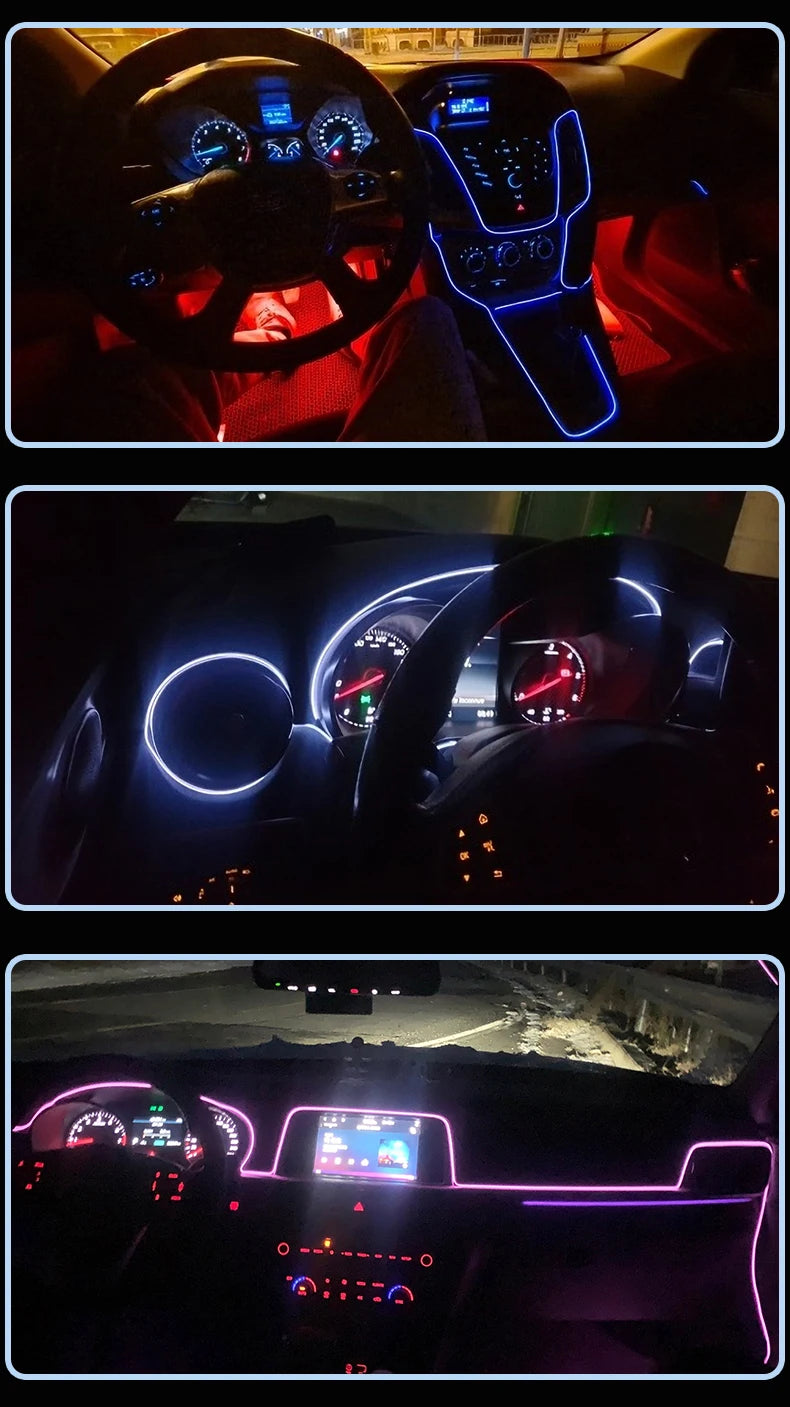 LAQTA car interior LED strip lights illuminating the dashboard with customizable atmosphere lighting.