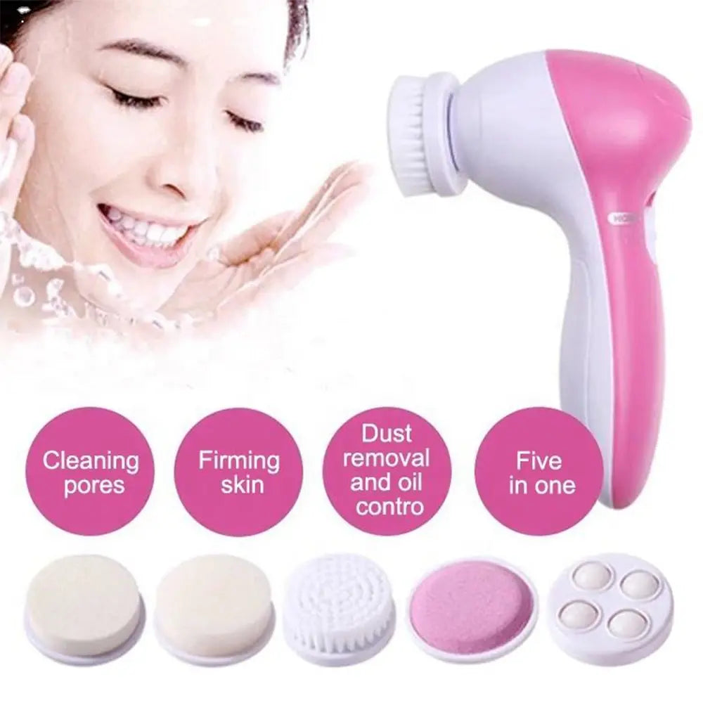 LAQTA 5-in-1 electric facial cleaner with multiple attachments, showing the device and various brush heads for deep skincare.