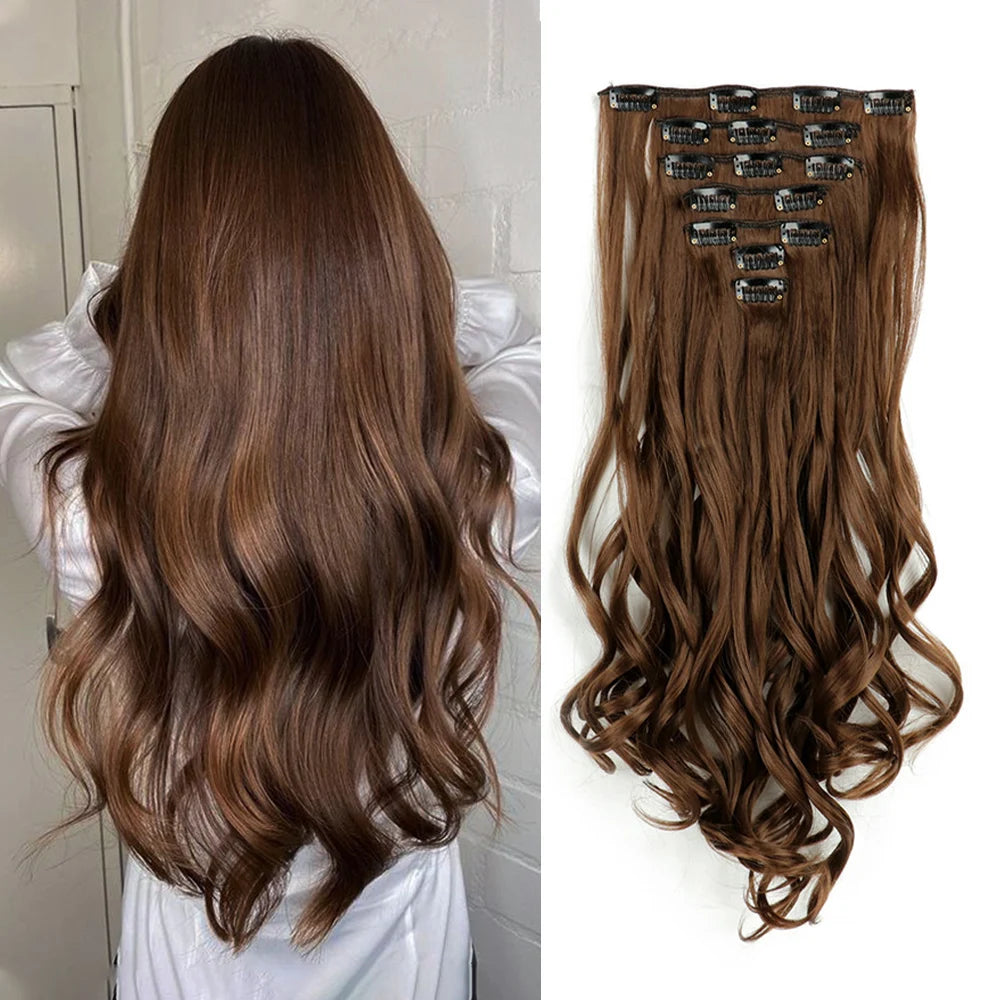 LAQTA clip-in hair extensions in a natural color, showing long, smooth, and shiny hair clips for easy attachment.