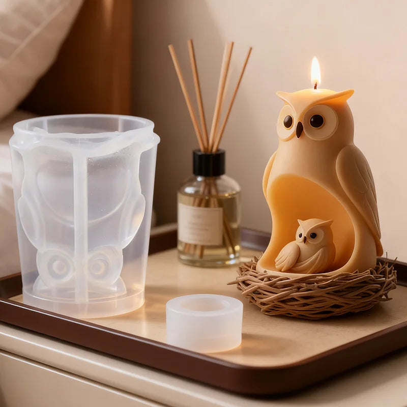 LAQTA 3D owl and baby candle mold showing detailed silicone molds for making owl-shaped candles with intricate designs.