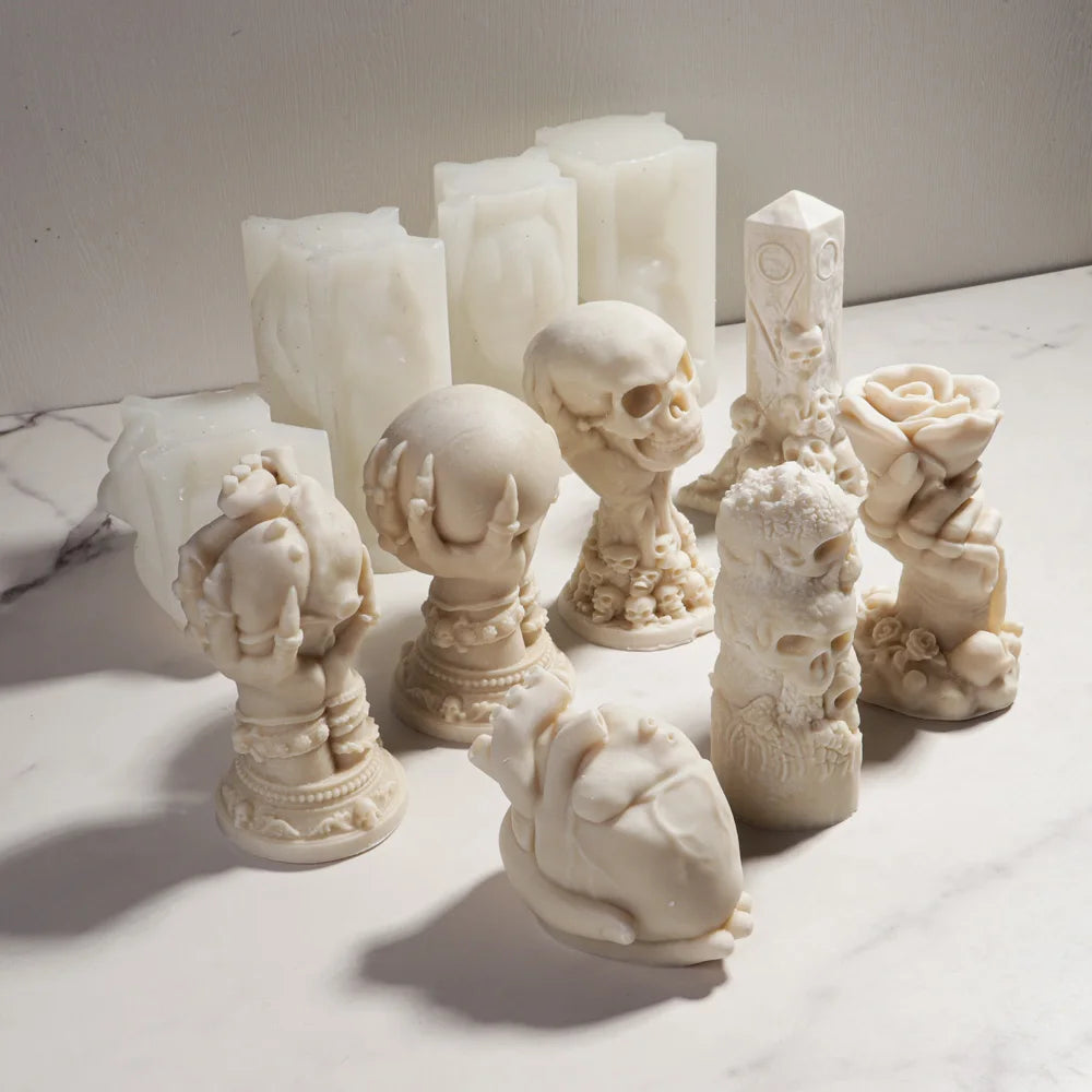 LAQTA Rose Relief Skull Candle Silicone Mold showing detailed skull shape with rose relief design for candle making.