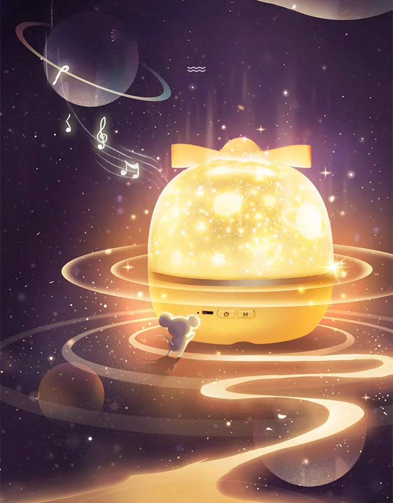 LAQTA Starry Projector Night Light projecting starry sky patterns onto a wall in a cozy bedroom setting.