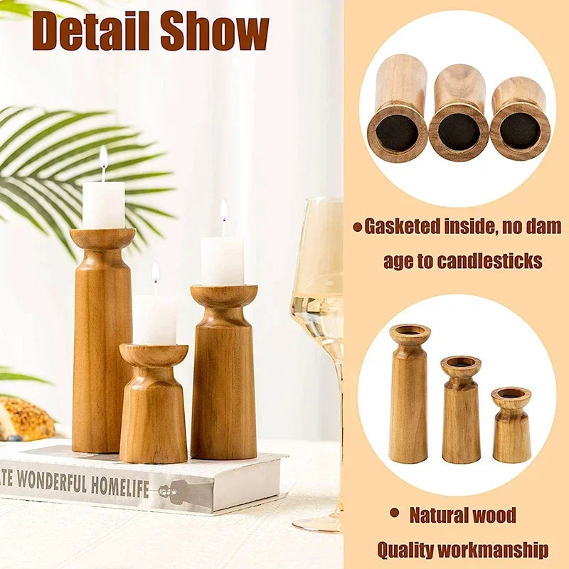 Natural wooden candlestick holders by LAQTA, showcasing smooth finish and elegant design for tabletop decor.