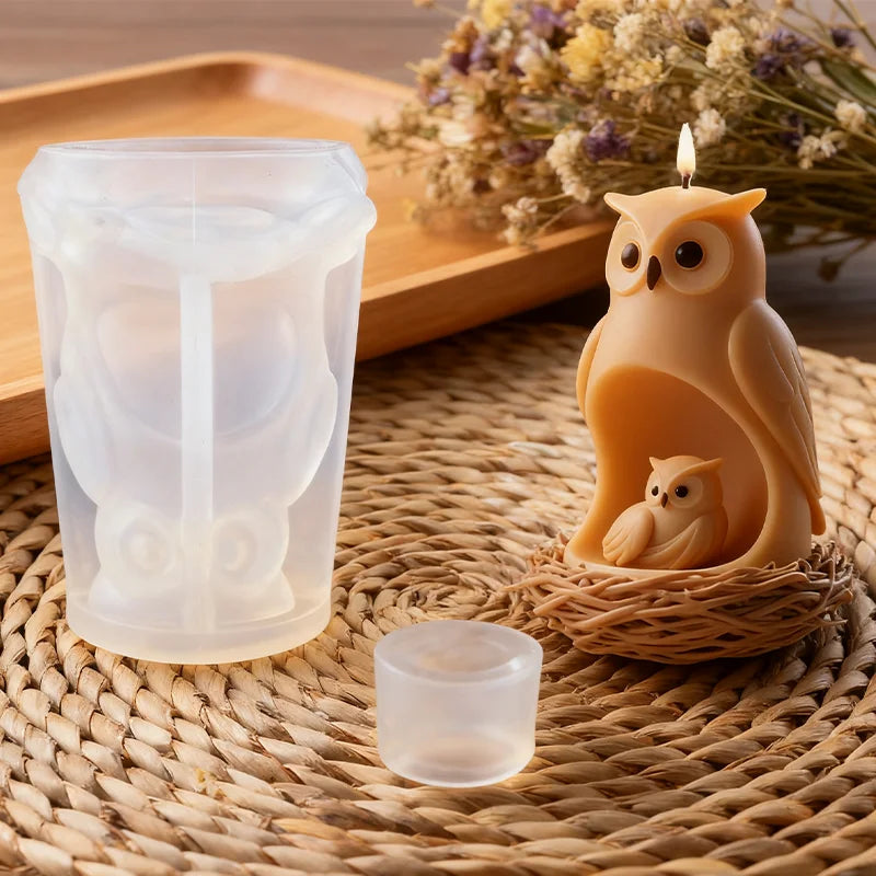 3D owl and baby candle mold by LAQTA, showing detailed silicone mold with owl and chick shapes for candles.