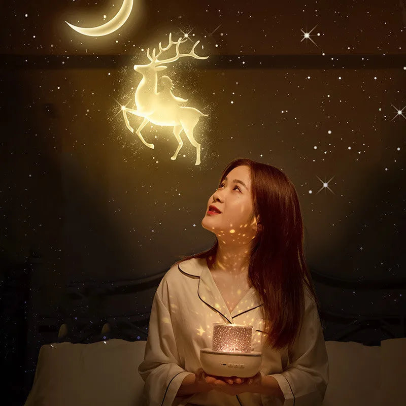 LAQTA Starry Projector Night Light projecting star patterns onto a wall in a cozy dark room.