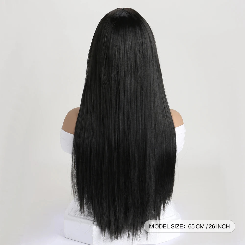 Long straight synthetic wig by LAQTA with smooth, sleek hair flowing down past shoulders.