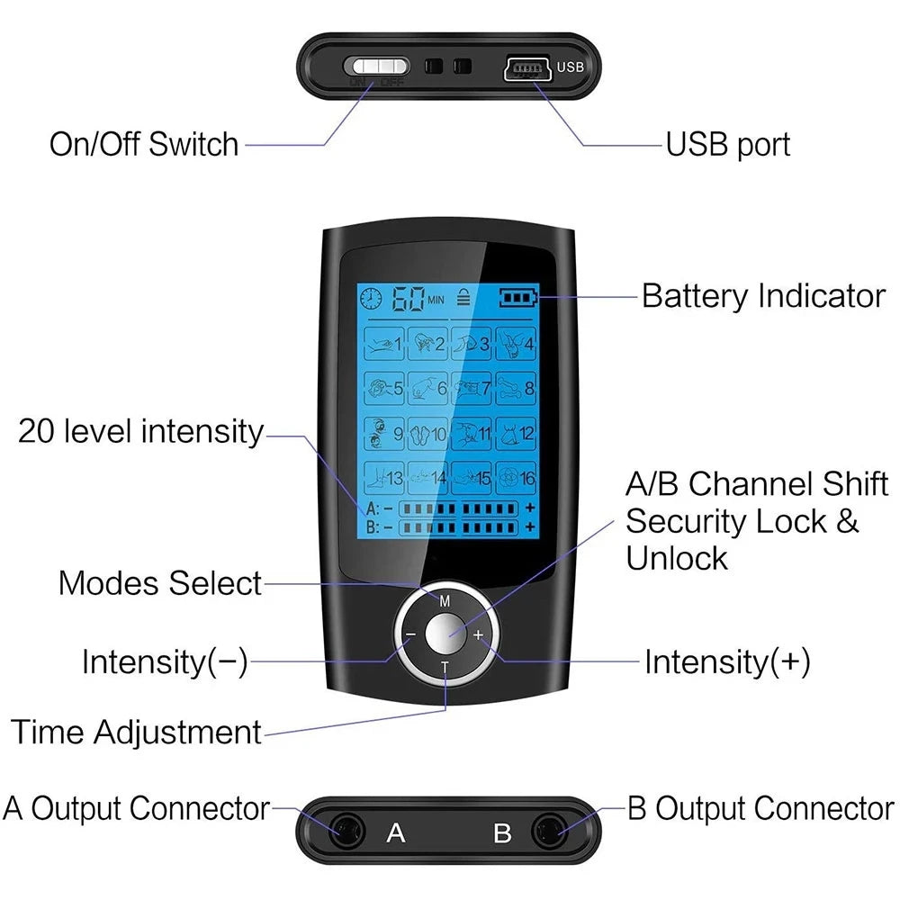 LAQTA Electric Tens Relax Muscle device with 16 modes, showing a sleek black control unit with adjustable settings and electrode pads