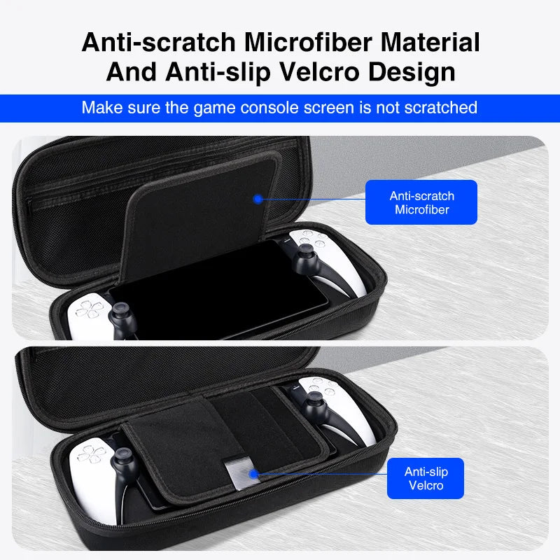 LAQTA EVA portable case bag for PS5 gaming console, showcasing a sleek black protective carrying case with handle.