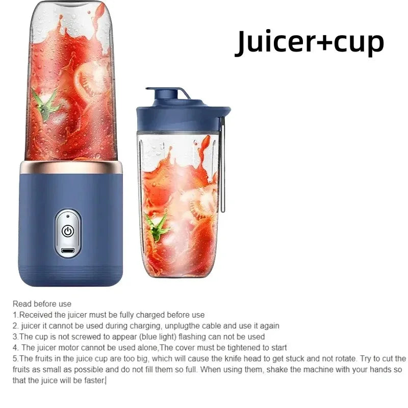 LAQTA portable blender with a sleek design, showing the compact blending device and a glass of fresh smoothie inside