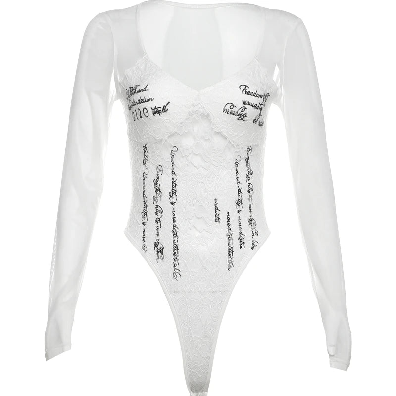 Woman letter print bodysuit by LAQTA featuring a stylish design with letter patterns, close-up of the fitted, soft fabric.