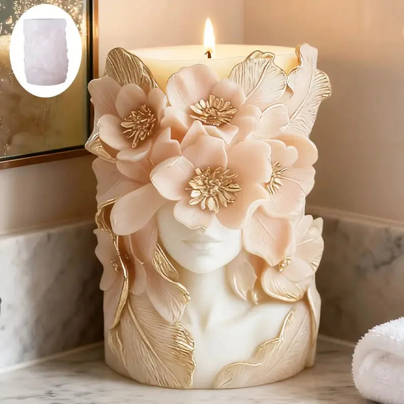 3D floral face candle mold by LAQTA showing intricate floral design and detailed face shape in silicone material.