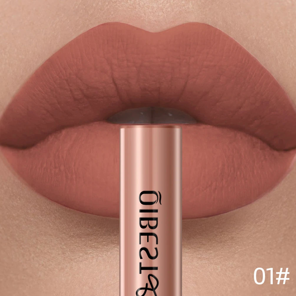 LAQTA matte liquid lipstick in deep red shade, showcasing the smooth, velvety finish on lips.