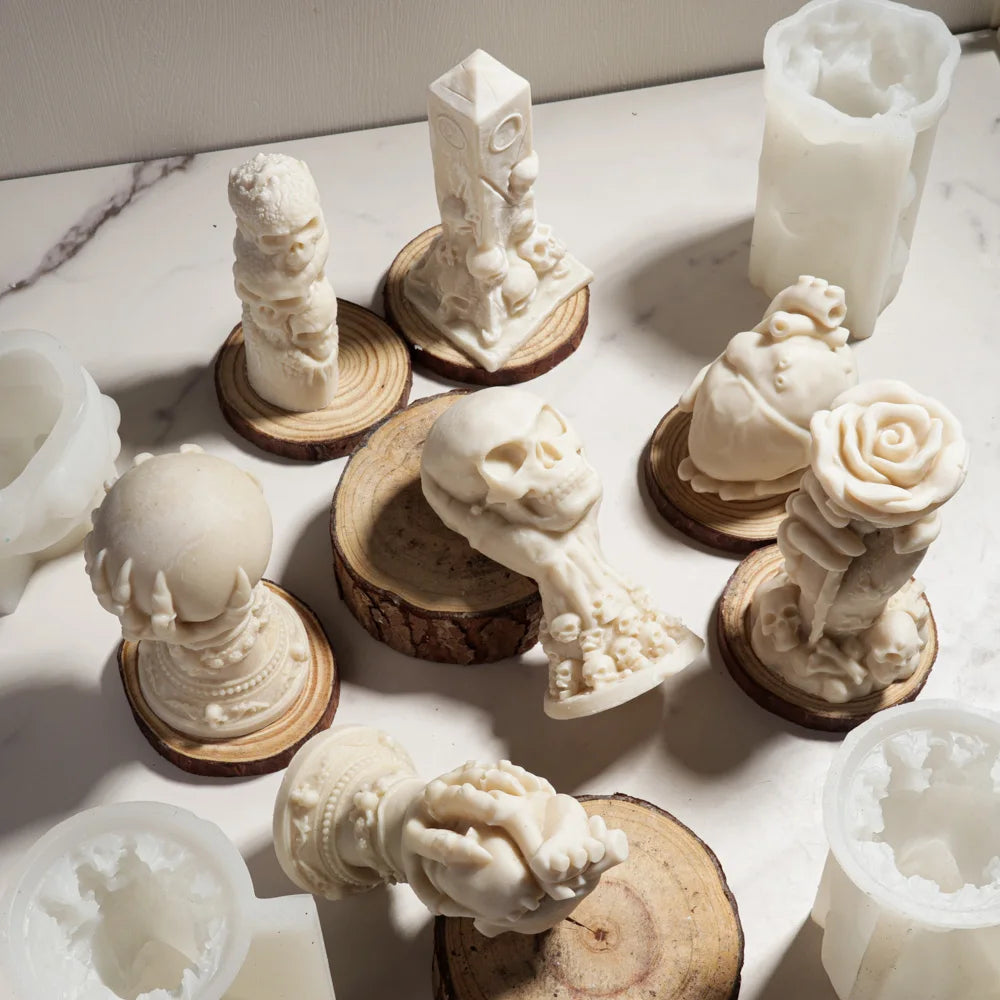 LAQTA Rose Relief Skull Candle Silicone Mold showing detailed skull with rose patterns for candle making.