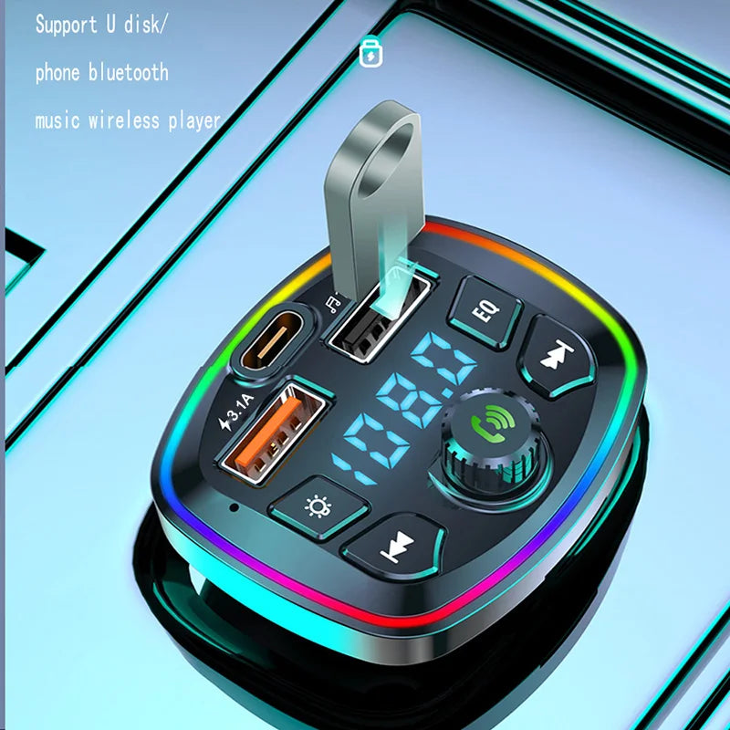 LAQTA Car Bluetooth 5.0 FM Transmitter connected to a vehicle dashboard with a display showing music and call controls.