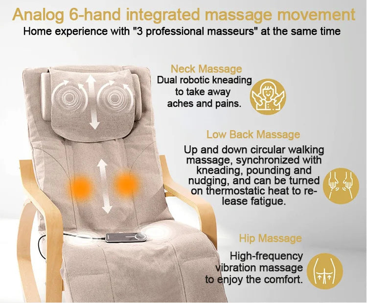 LAQTA electric rocking massage chair with padded armrests and reclining feature, designed for relaxing comfort.