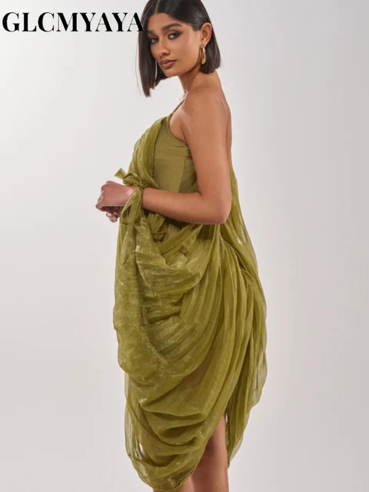 LAQTA sheer mesh dress with draped design and plunging neckline, showcasing elegant and revealing fashion details.
