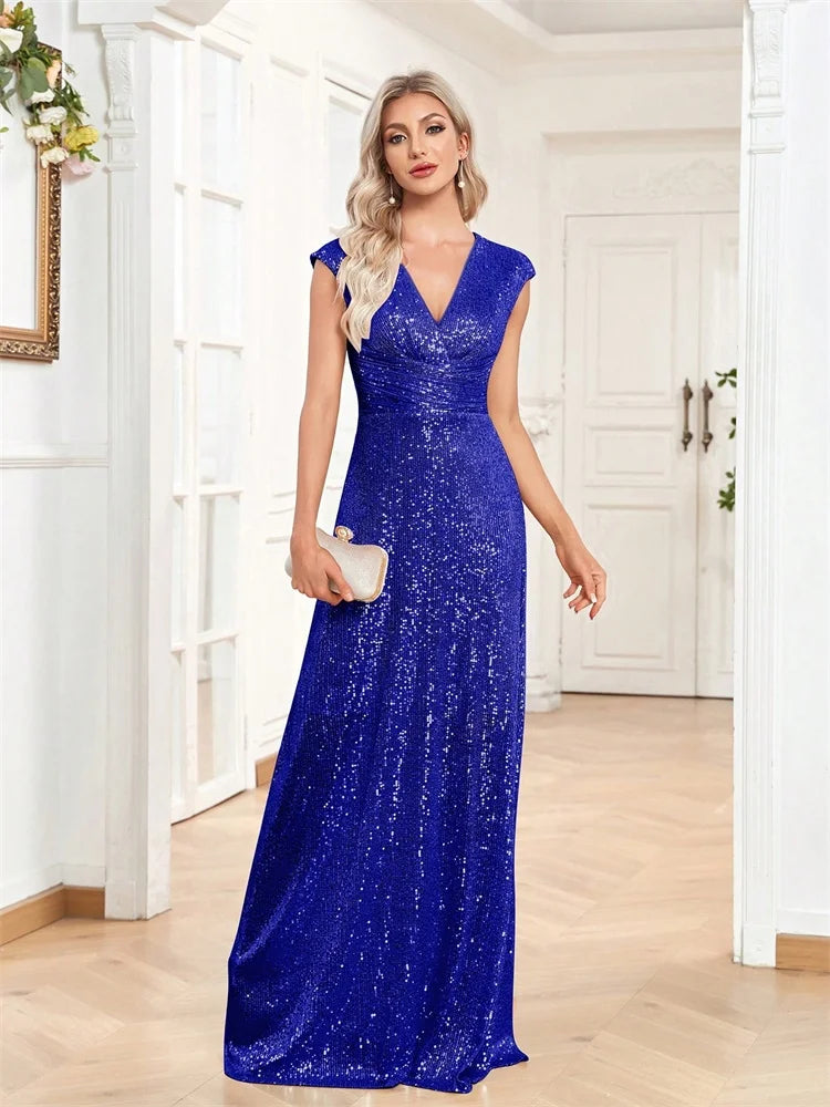 Elegant V-neck mermaid evening dress by LAQTA, shown in dark fabric with a fitted bodice and flowing skirt.