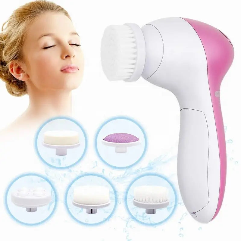 LAQTA Electric Facial Cleaner 5-in-1 with multiple attachments, showing the device and various brush heads for deep cleansing.