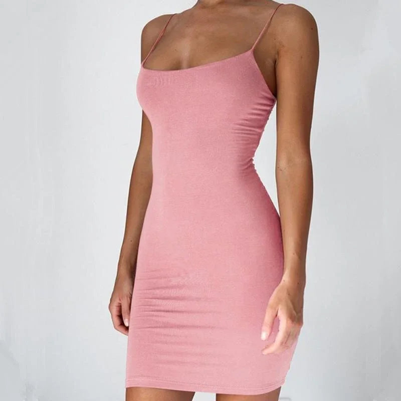 LAQTA summer spaghetti strap mini dress, lightweight fabric, sleeveless design with a fitted silhouette, perfect for warm weather.