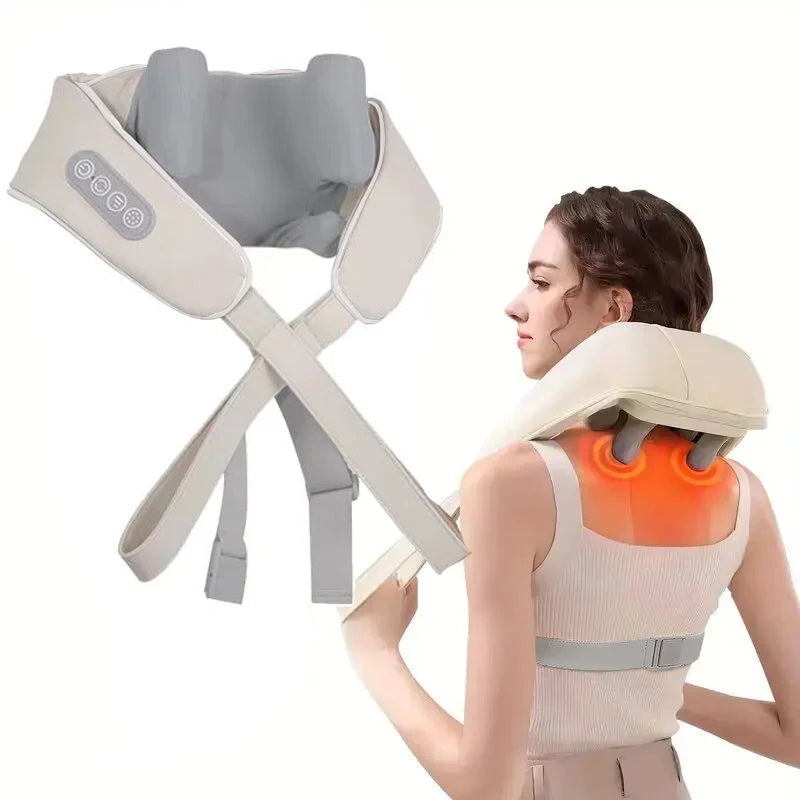 LAQTA neck massager with ergonomic design and adjustable straps, shown in use on a person's neck for tension relief.