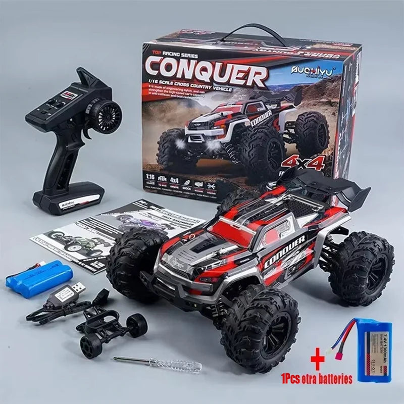 LAQTA large RC car with 4WD drive and high-speed capability, designed for fast outdoor racing, shown on a track.