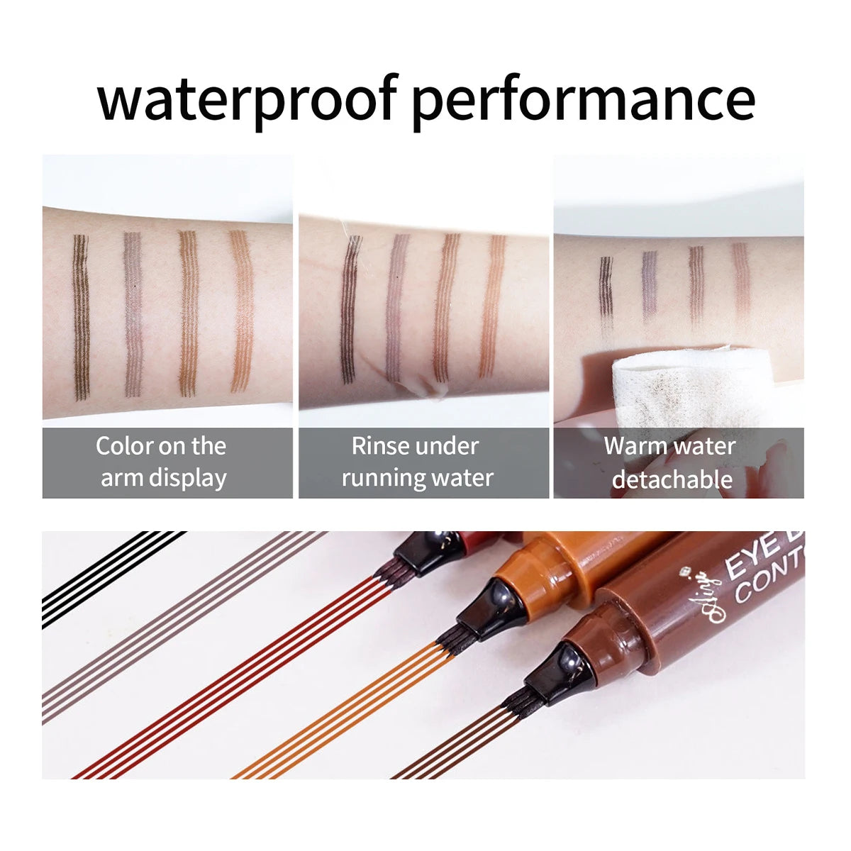 LAQTA four-pronged eyebrow pencil with a sleek design, showing the pencil tip and the four-pronged applicator for precise brow shaping.