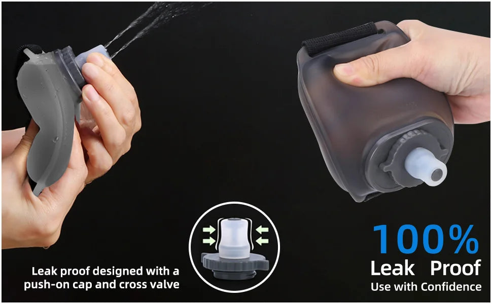 LAQTA wrist water bottle with adjustable strap and built-in hydration container, ideal for active outdoor use