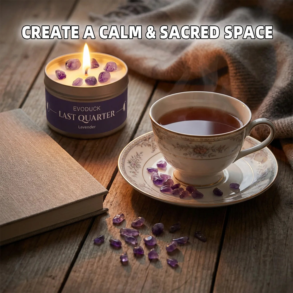 LAQTA Waning Moon scented candle with a celestial design, showcasing a soft, glowing wax and moon-inspired decor.