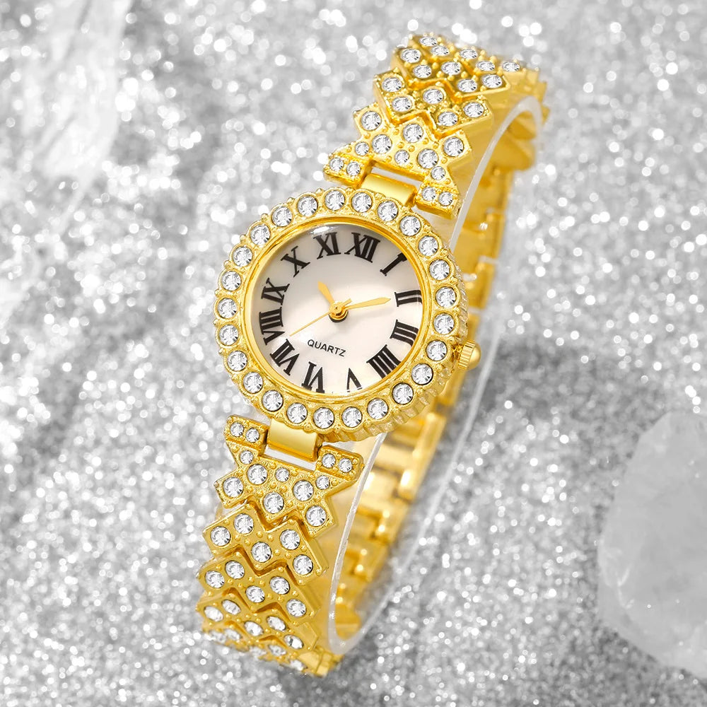Five elegant rhinestone women's watches by LAQTA with sleek designs and sparkling details, displayed on a white background.