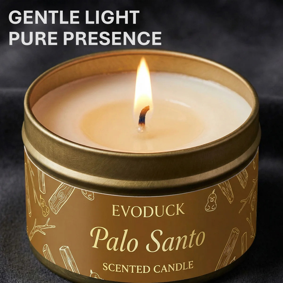 LAQTA Palo Santo scented candle in a glass jar with a lit wick, showcasing its warm, inviting aroma and natural wooden label.