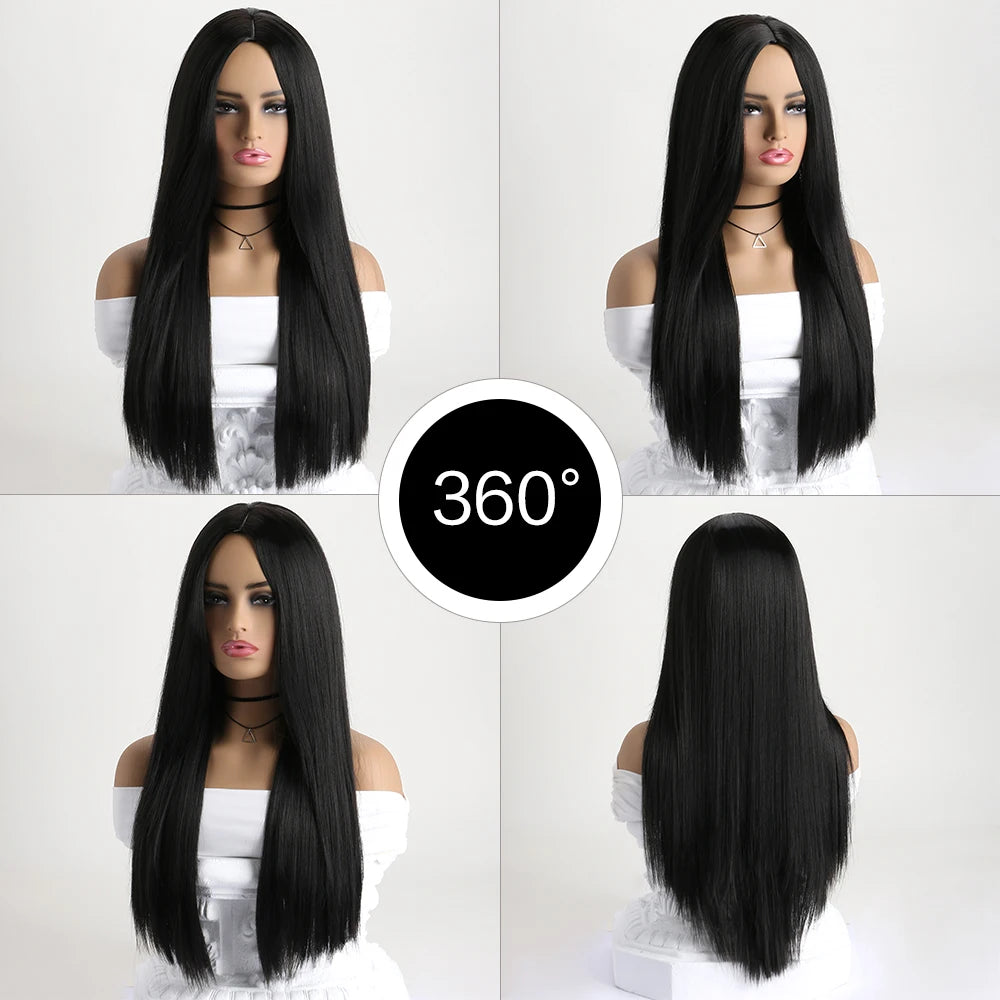 Long straight synthetic wig by LAQTA with sleek, natural black hair and a smooth, shiny finish.