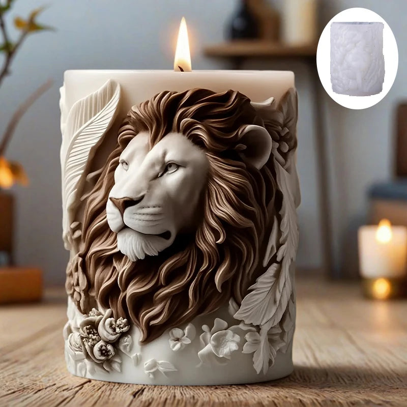 3D lion relief candle mold by LAQTA showing detailed lion head design in black silicone material