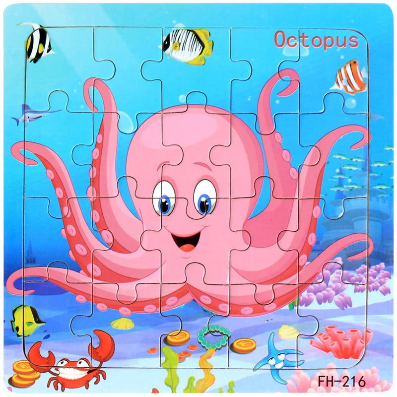 LAQTA Montessori 3D puzzle showing colorful wooden pieces assembled into a geometric shape for educational play and learning.