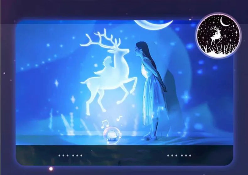 LAQTA Starry Projector Night Light displaying a starry sky projection on a wall in a dark room.