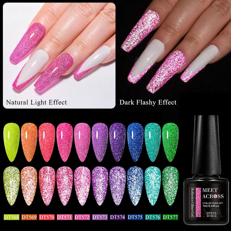 LAQTA fluorescent reflective gel nail display showing vibrant, glowing nail polish with shiny, luminous finish under UV light