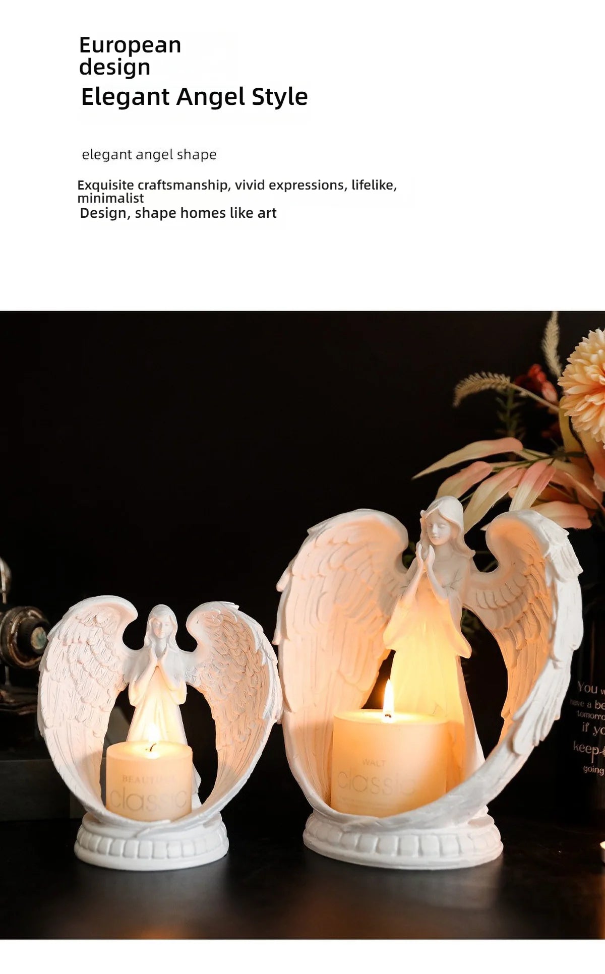 White angel candle holder by LAQTA featuring a detailed angel figure with open wings and a small platform for a candle.
