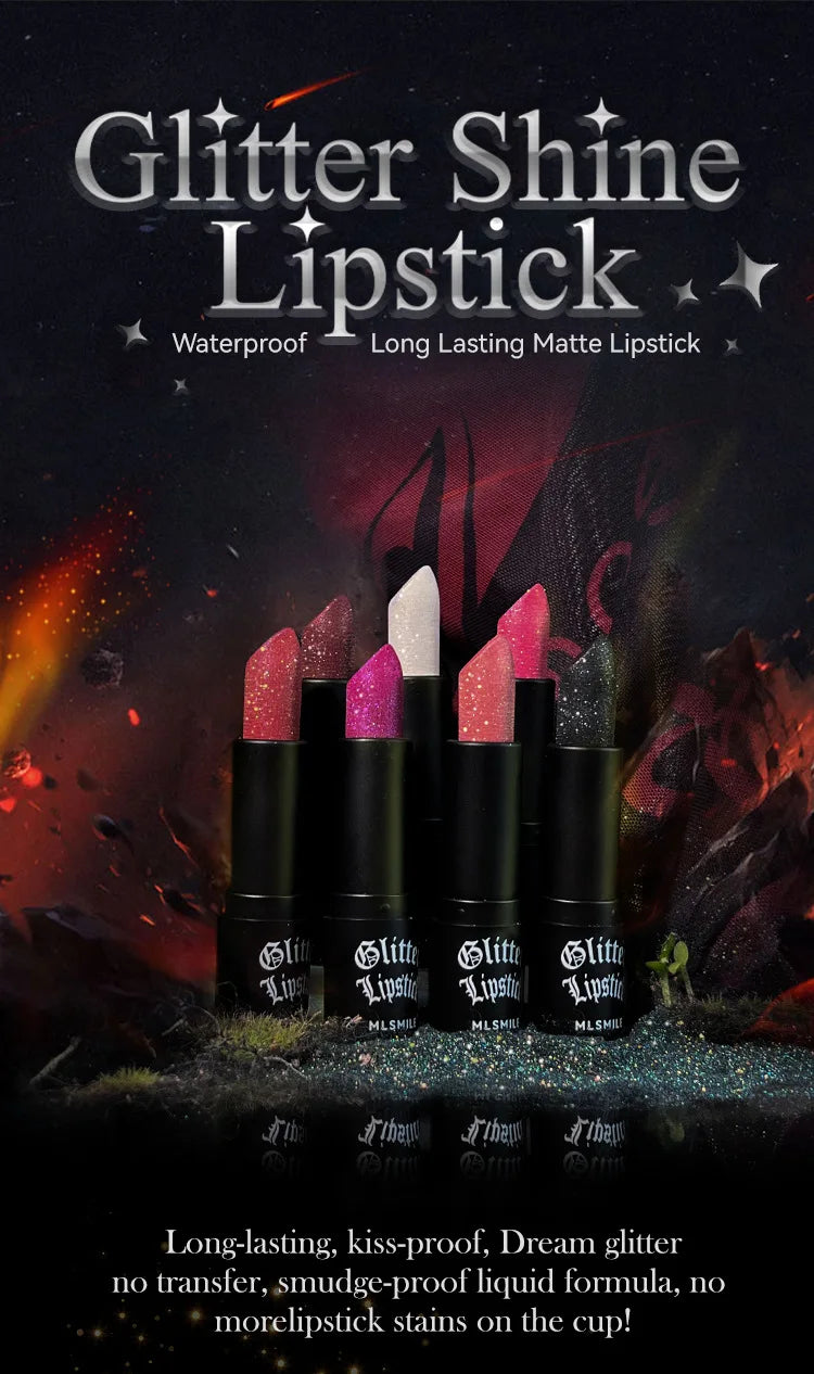 LAQTA Glitter Waterproof Lipstick in vibrant shade, showcasing shimmering finish and smooth application on lips.