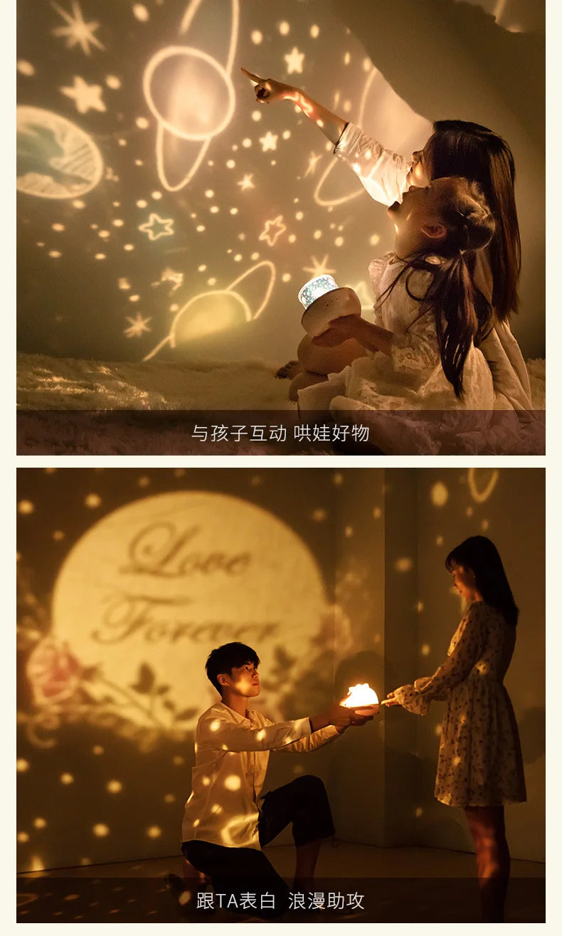 LAQTA Starry Projector Night Light displaying a starry sky projection on a wall in a cozy bedroom setting.