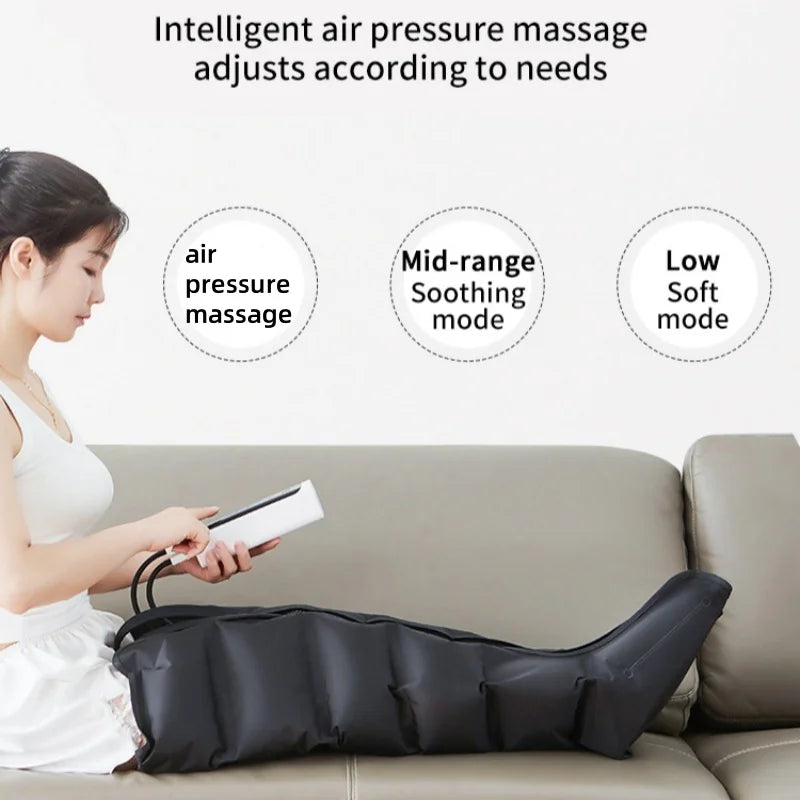 LAQTA electric pneumatic leg massager with adjustable straps and multiple massage zones for relaxing foot and calf therapy.