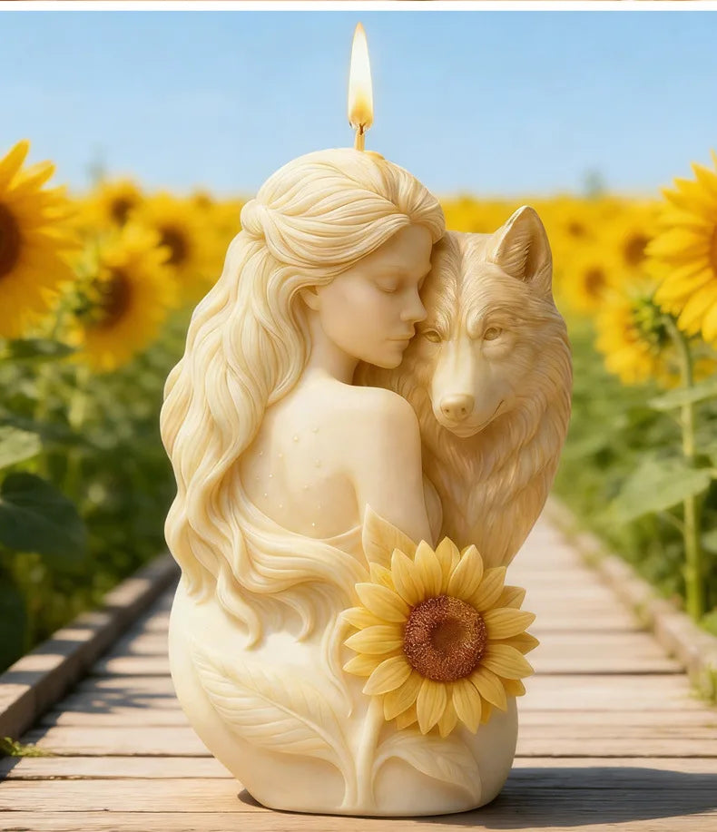 Silicone mold featuring a 3D wolf girl design for candles, from LAQTA, showing detailed wolf girl figure in mold form.