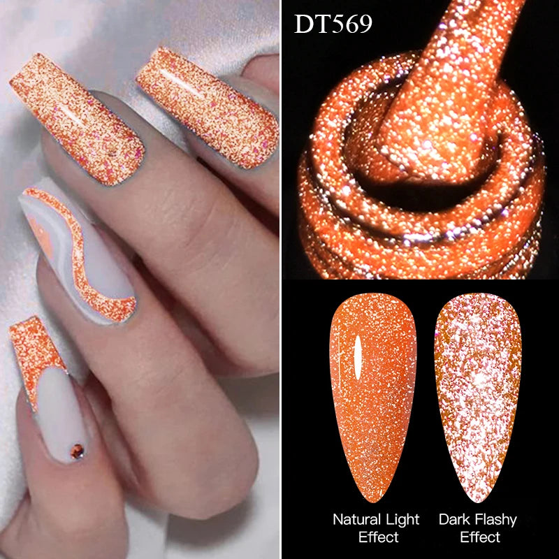 LAQTA fluorescent reflective gel nail in a jar, showcasing vibrant, glowing nail polish with a shiny finish.