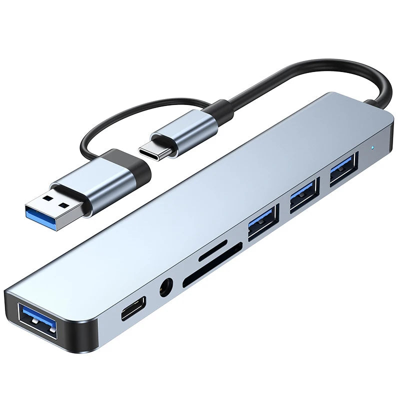 LAQTA 8-in-2 USB and Type-C HUB docking station with multiple ports for easy device connection and data transfer.