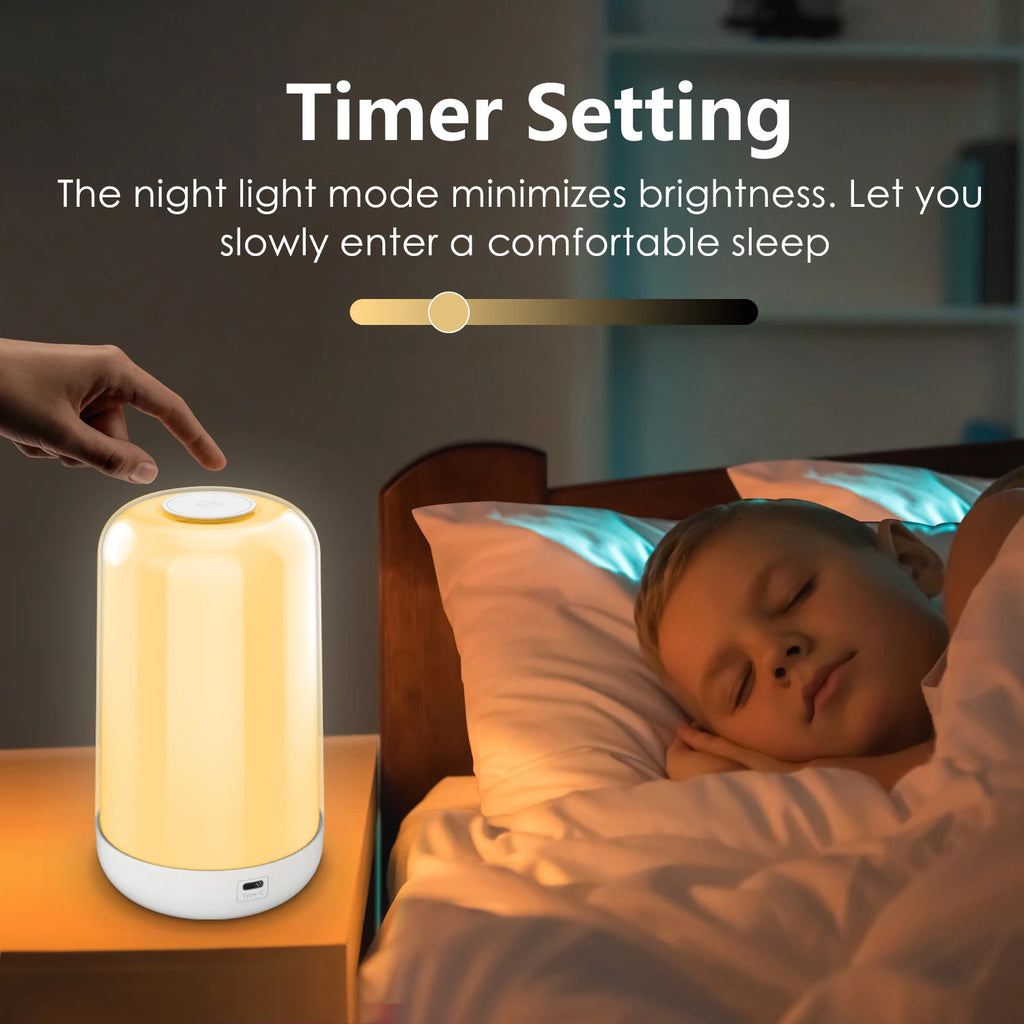 LAQTA Smart Touch Bedside Table Lamp with adjustable brightness and modern design, shown glowing on a nightstand.