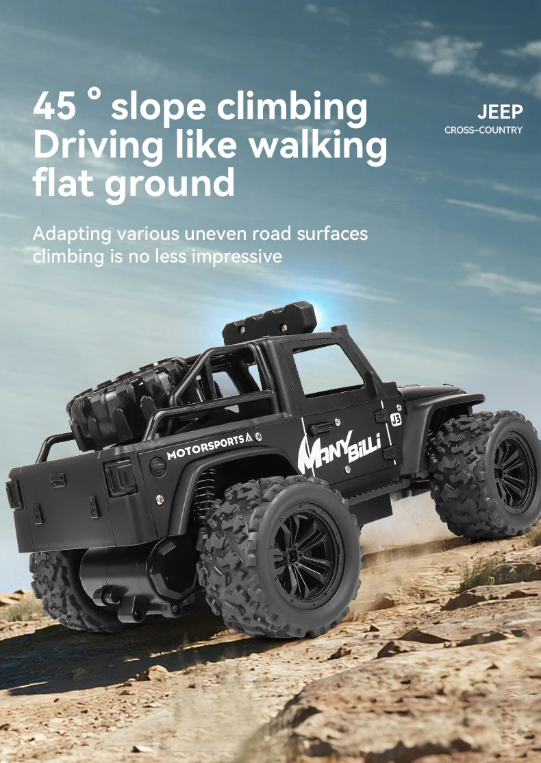 LAQTA 2.4GHz Remote Control Jeep, detailed view of the toy vehicle with rugged design and realistic features.